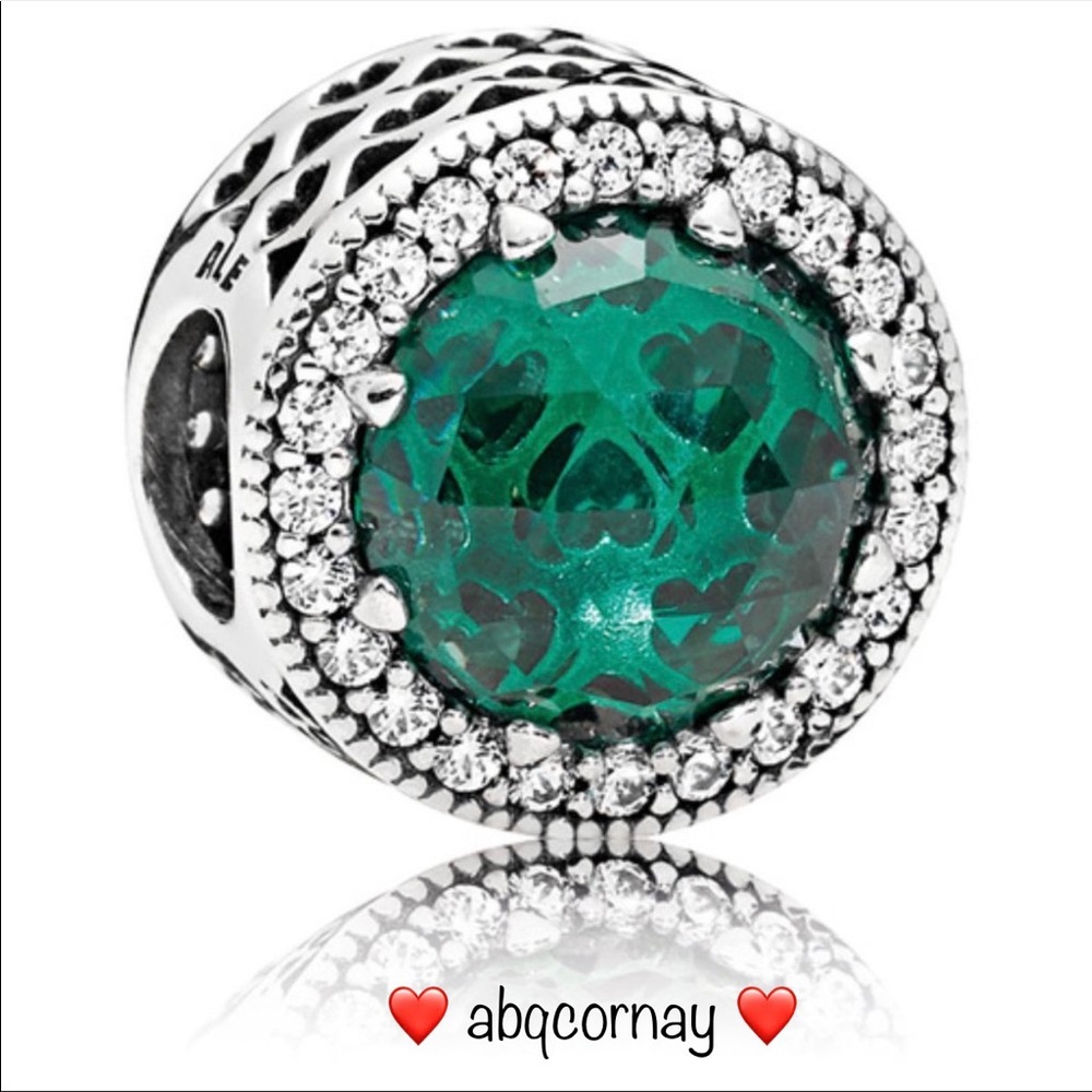 EUC Pandora 791725NSG Sterling Silver Radiant Hearts Charm w/ Sea Green Crystal